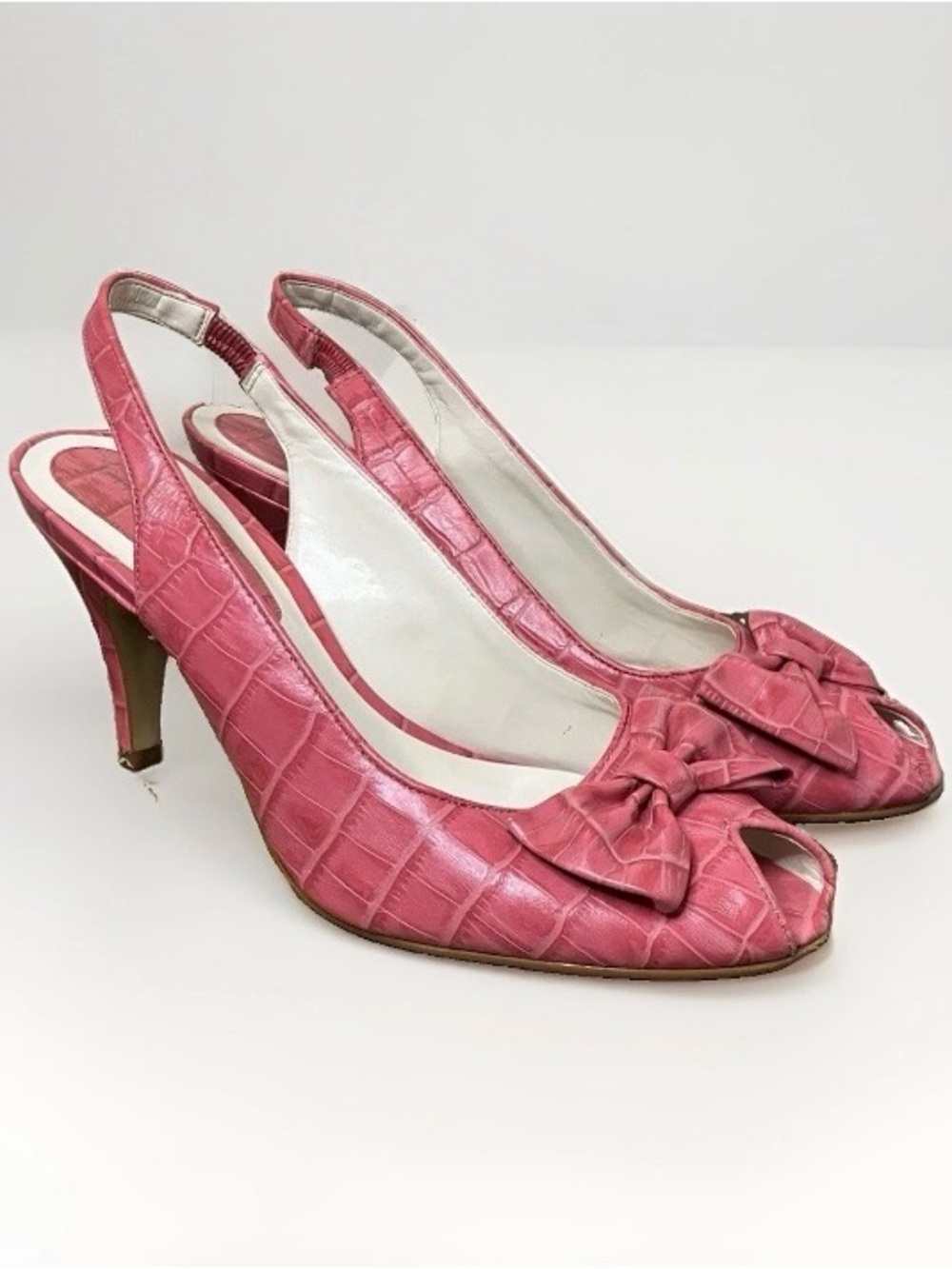 Gianni Bini Pink Croc-Embossed Slingback Peep-Toe Heels with Bow